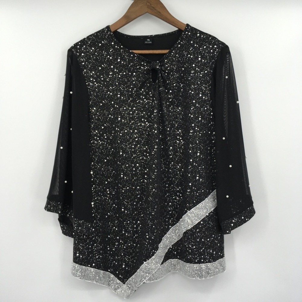 Celestial Metallic Asymmetrical Top Womens 1XL Black Mesh Sleeves Whimsigoth